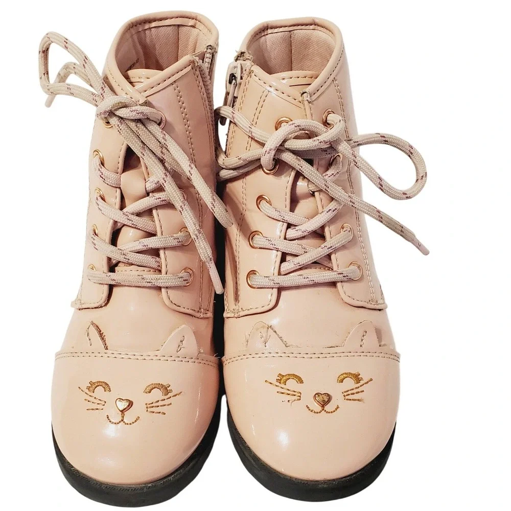 Wonder Nation Girls Pink Patent Cat Face Combat Boots Size 10 Zip Up GTWN49DP015